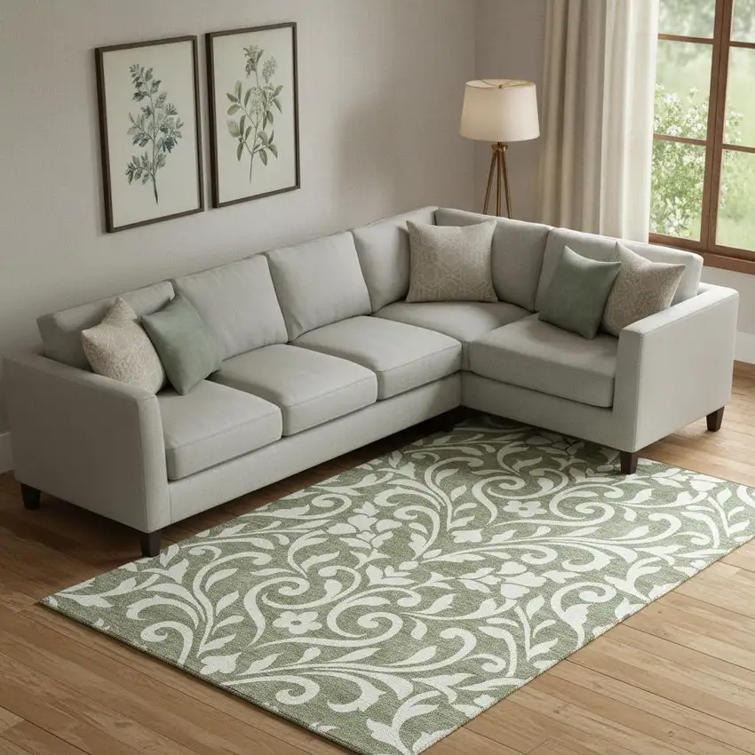 Fern Green And Beige Floral Washable Area Rug With UV Protection Photo 1
