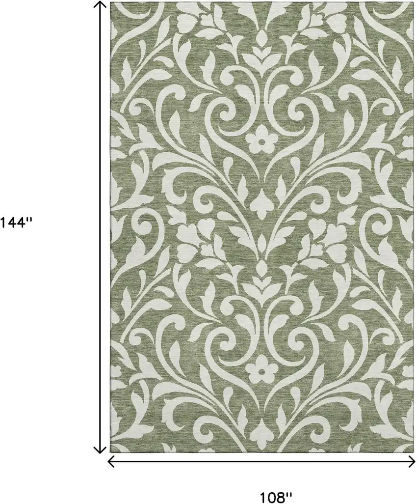 Fern Green And Beige Floral Washable Area Rug With UV Protection Photo 9
