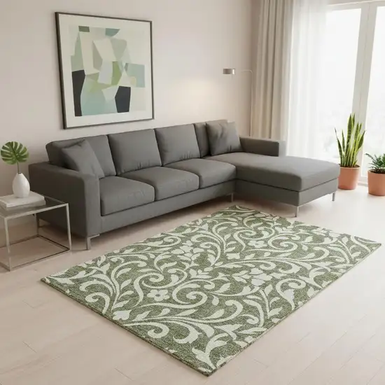 Fern Green And Beige Floral Washable Area Rug With UV Protection Photo 2