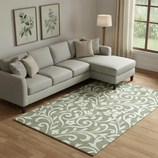 Fern Green And Beige Floral Washable Area Rug With UV Protection Photo 1