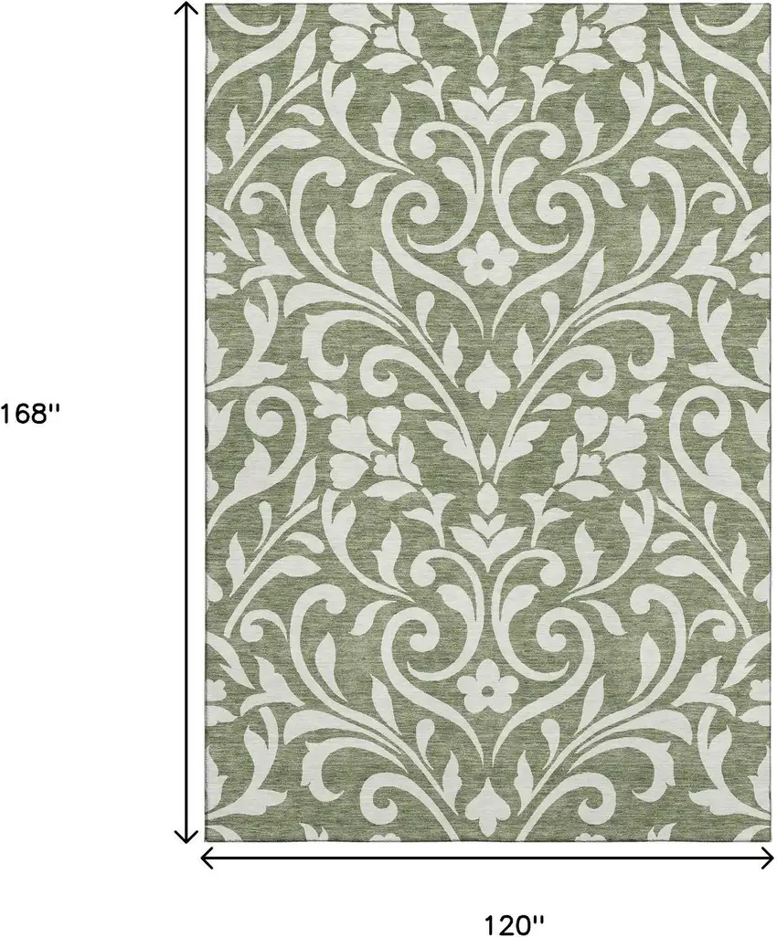 Fern Green And Beige Floral Washable Area Rug With UV Protection Photo 9