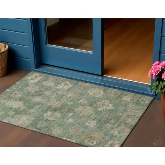Fern Green And Beige Floral Washable Indoor Outdoor Area Rug Photo 1