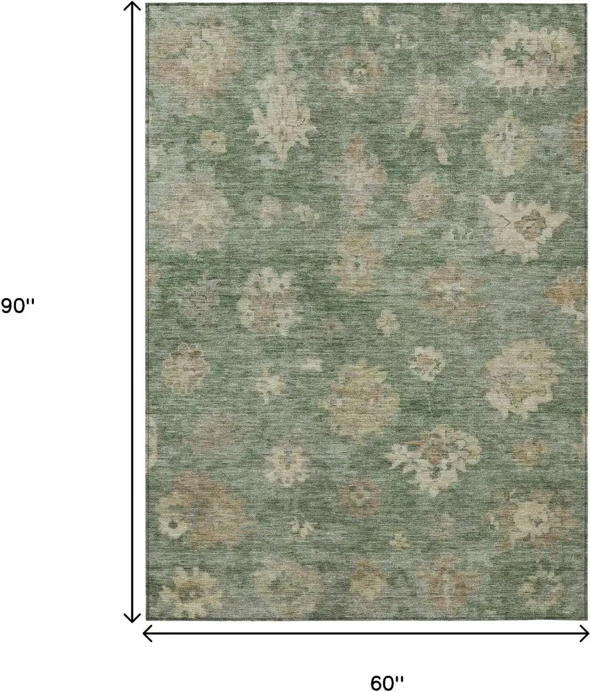 Fern Green And Beige Floral Washable Indoor Outdoor Area Rug Photo 3