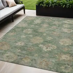 Photo of Fern Green And Beige Floral Washable Indoor Outdoor Area Rug