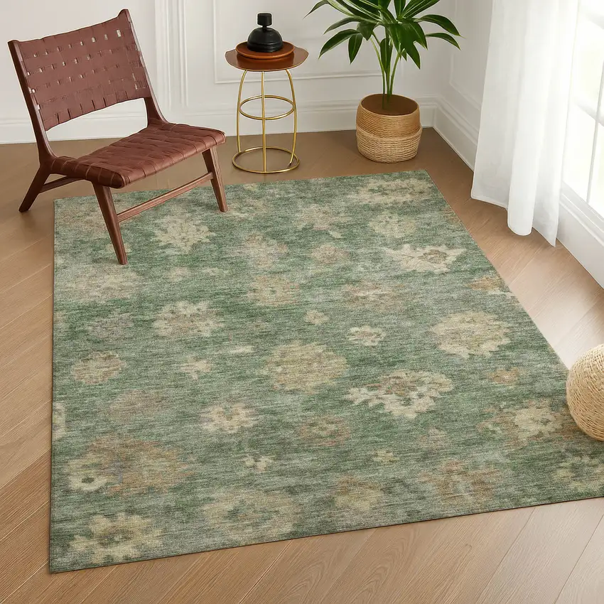 Fern Green And Beige Floral Washable Indoor Outdoor Area Rug Photo 8