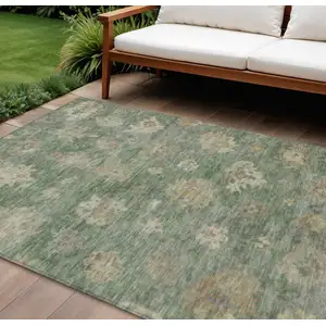 Photo of Fern Green And Beige Floral Washable Indoor Outdoor Area Rug