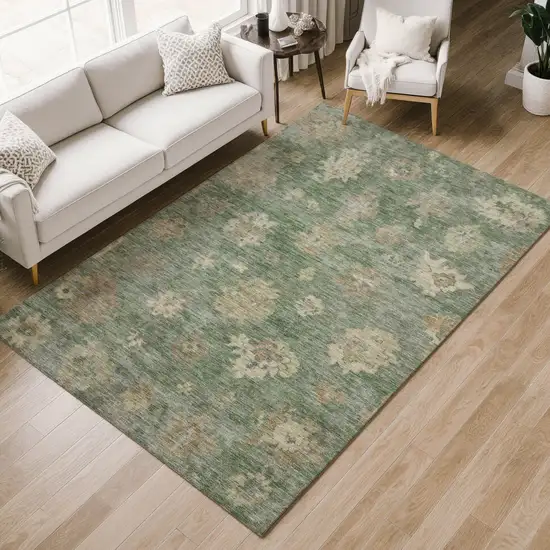 Fern Green And Beige Floral Washable Indoor Outdoor Area Rug Photo 7