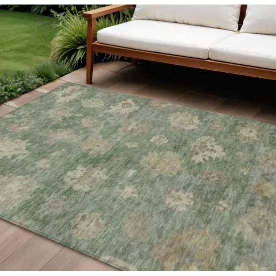 Fern Green And Beige Floral Washable Indoor Outdoor Area Rug Photo 1