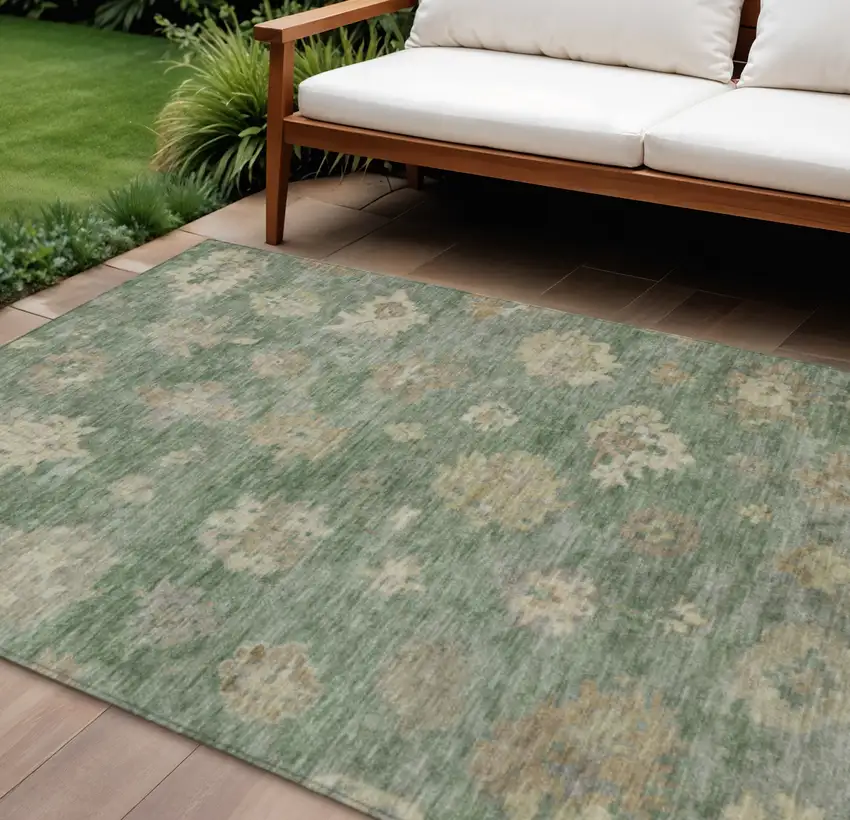 Fern Green And Beige Floral Washable Indoor Outdoor Area Rug Photo 1