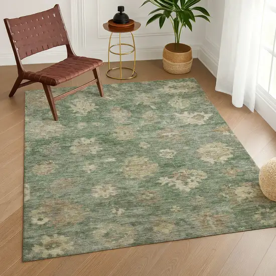 Fern Green And Beige Floral Washable Indoor Outdoor Area Rug Photo 8