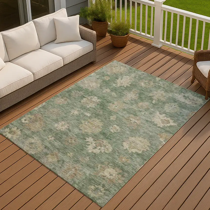 Fern Green And Beige Floral Washable Indoor Outdoor Area Rug Photo 6