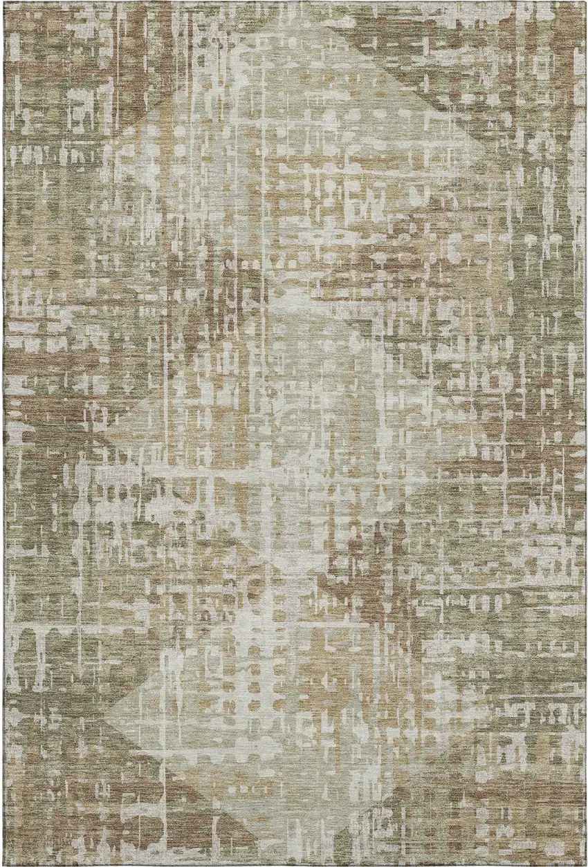 Fern Green And Beige Geometric Washable Area Rug With UV Protection Photo 1