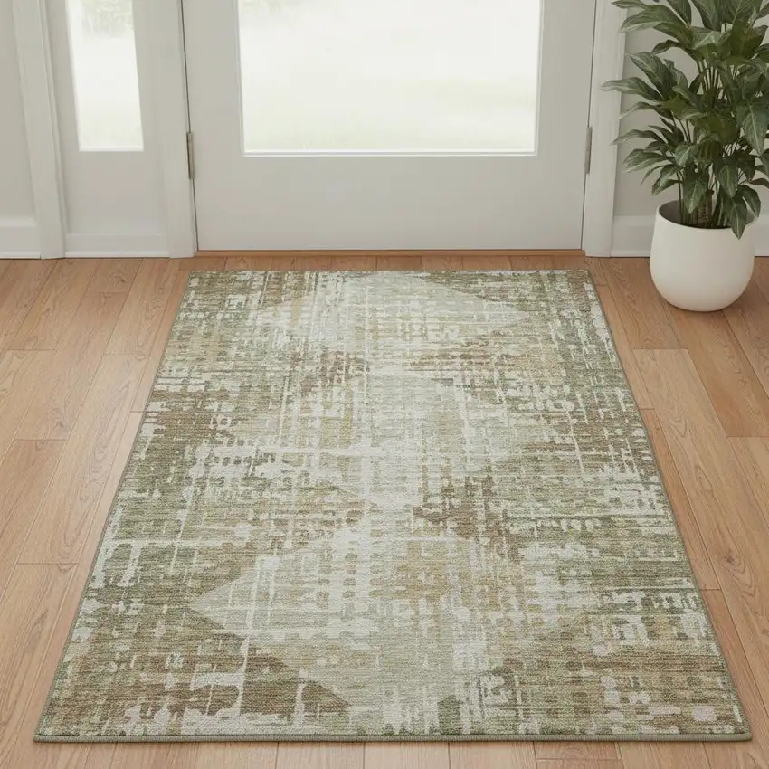 Fern Green And Beige Geometric Washable Area Rug With UV Protection Photo 2