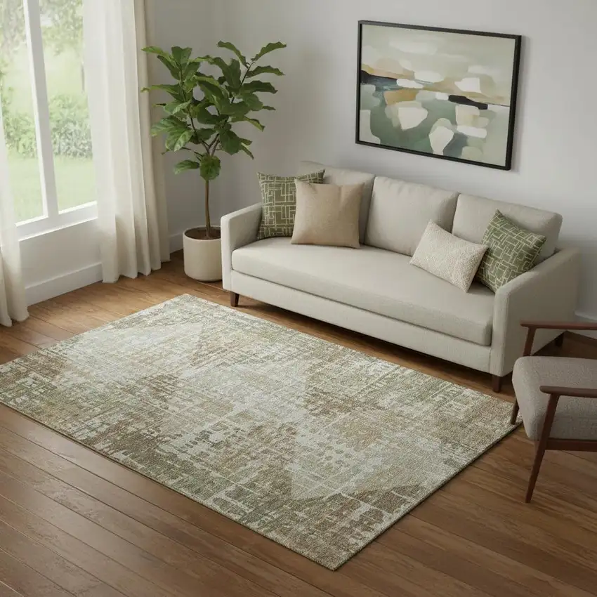 Fern Green And Beige Geometric Washable Area Rug With UV Protection Photo 2