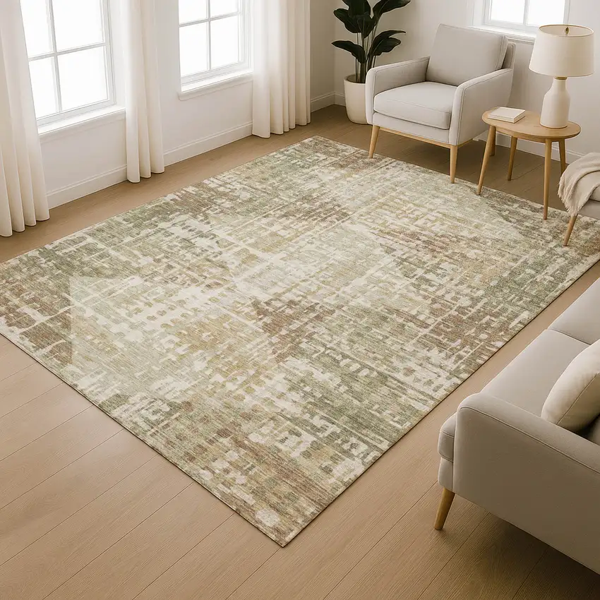 Fern Green And Beige Geometric Washable Area Rug With UV Protection Photo 6
