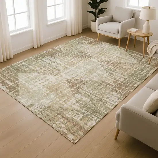 Fern Green And Beige Geometric Washable Area Rug With UV Protection Photo 6
