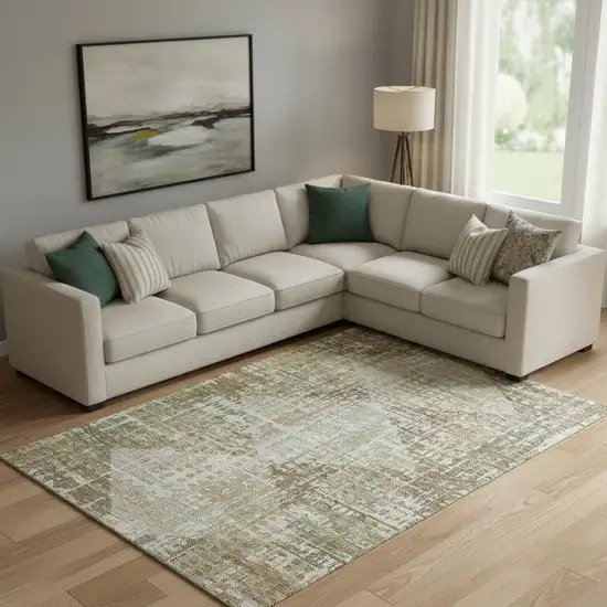 Fern Green And Beige Geometric Washable Area Rug With UV Protection Photo 2