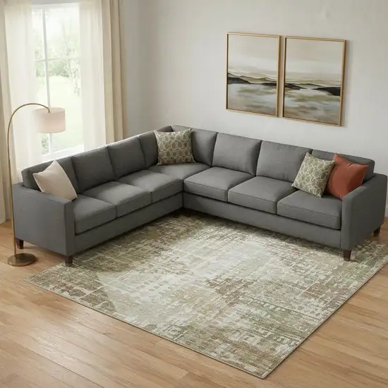 Fern Green And Beige Geometric Washable Area Rug With UV Protection Photo 2