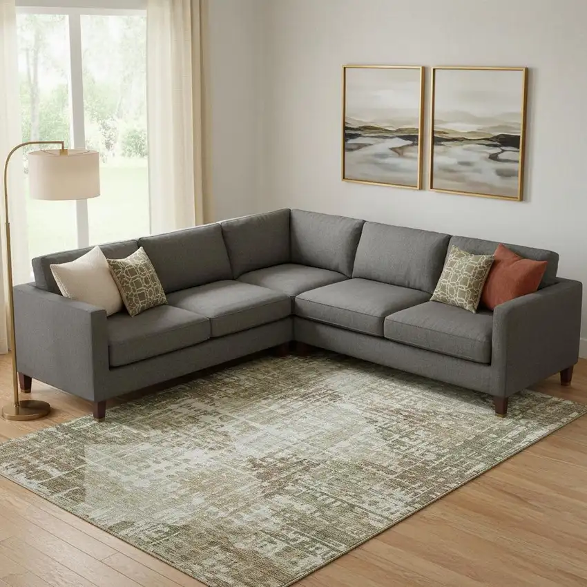 Fern Green And Beige Geometric Washable Area Rug With UV Protection Photo 2