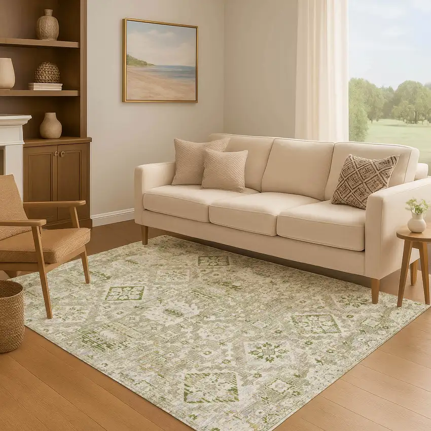 Fern Green And Beige Oriental Washable Area Rug With UV Protection Photo 6