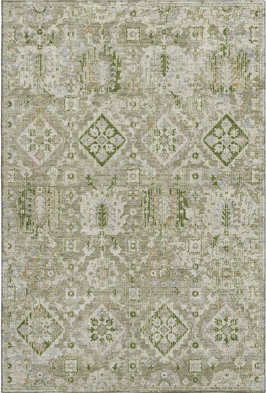 Fern Green And Beige Oriental Washable Area Rug With UV Protection Photo 1