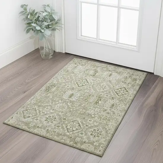 Fern Green And Beige Oriental Washable Area Rug With UV Protection Photo 2