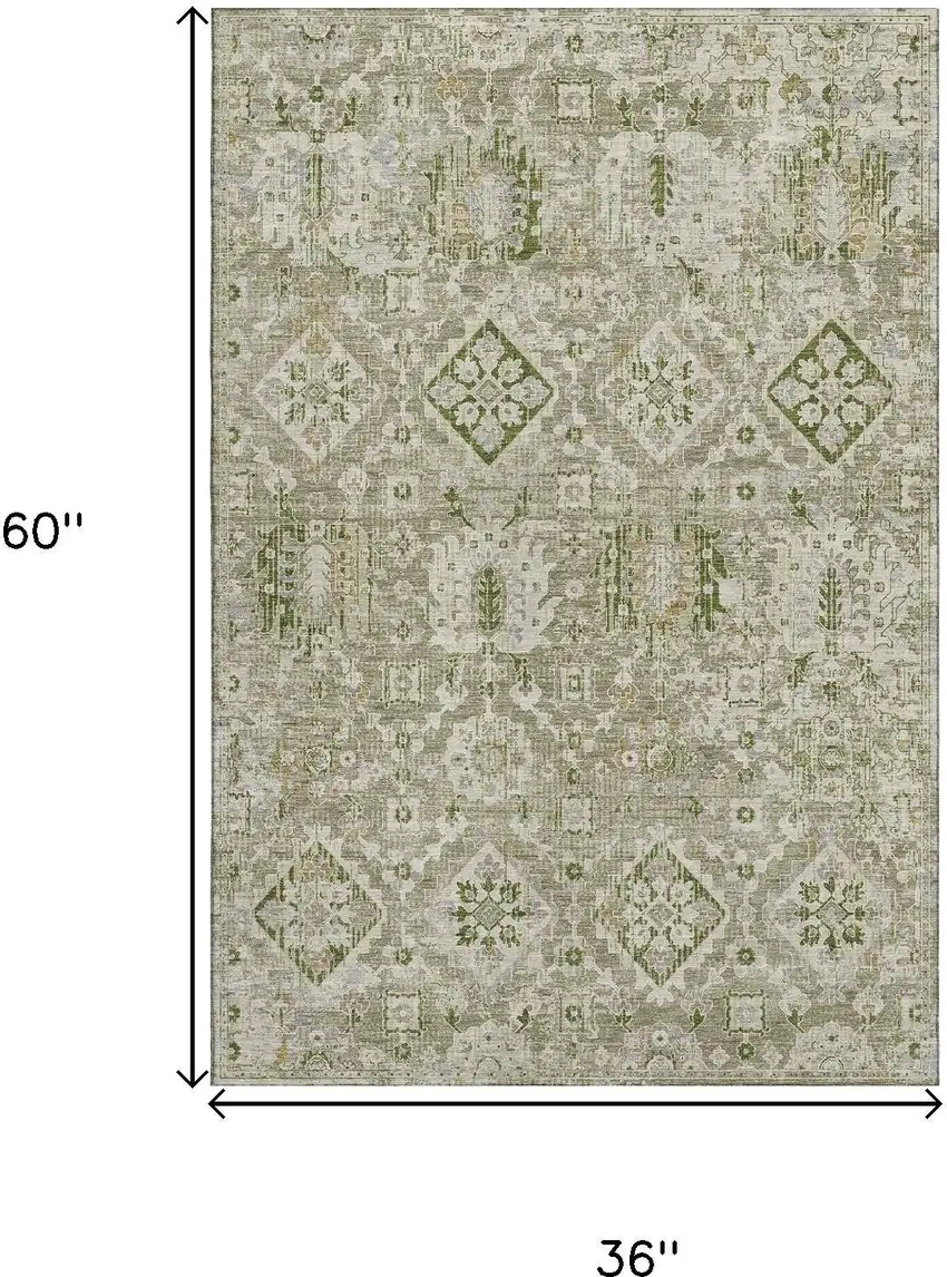 Fern Green And Beige Oriental Washable Area Rug With UV Protection Photo 9