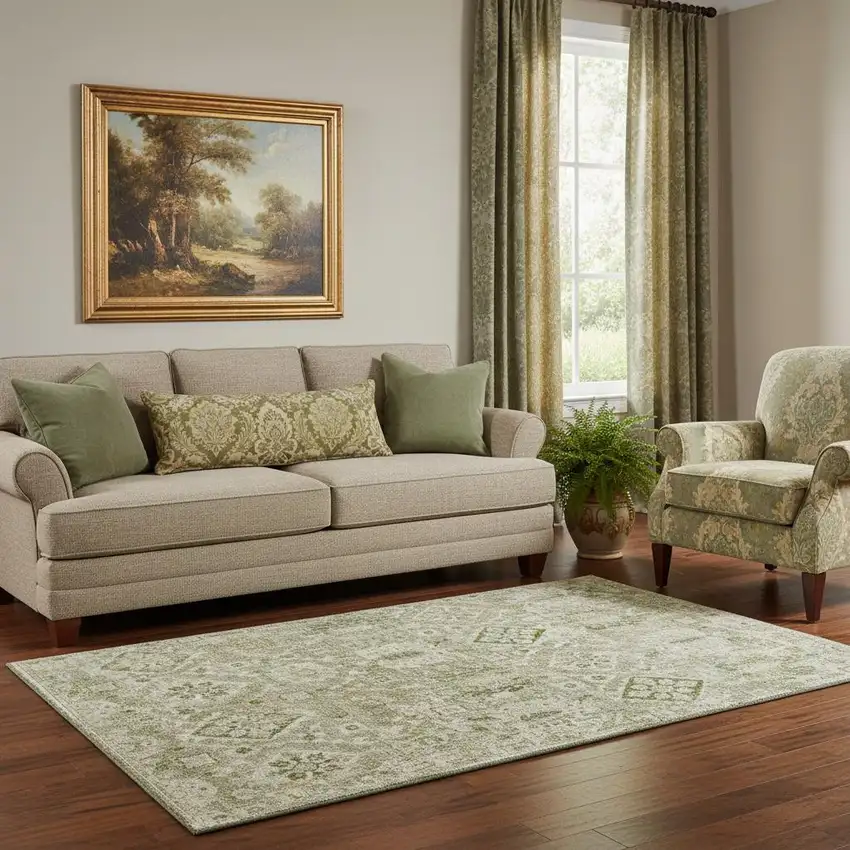 Fern Green And Beige Oriental Washable Area Rug With UV Protection Photo 2