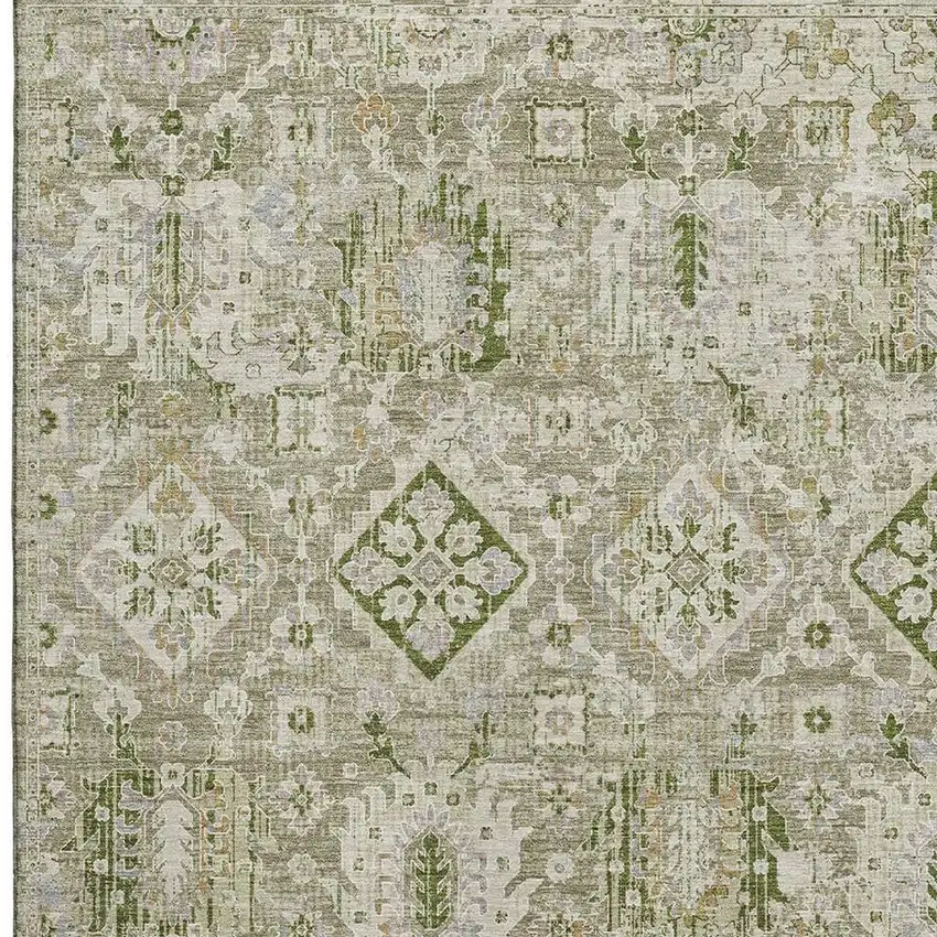 Fern Green And Beige Oriental Washable Area Rug With UV Protection Photo 4