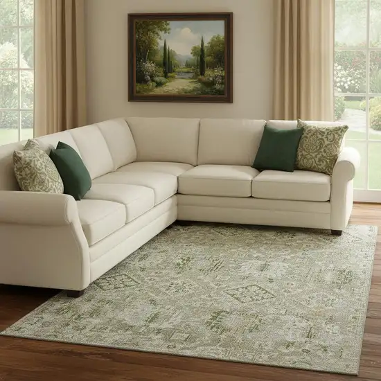 Fern Green And Beige Oriental Washable Area Rug With UV Protection Photo 2