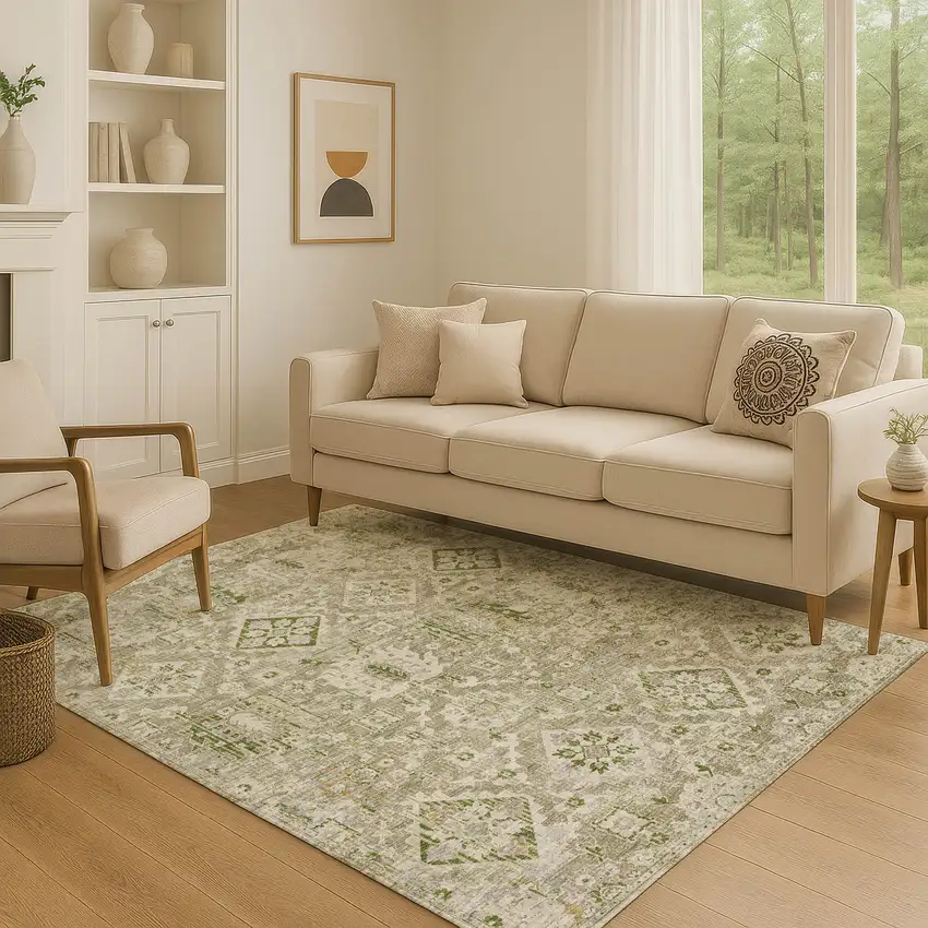 Fern Green And Beige Oriental Washable Area Rug With UV Protection Photo 5