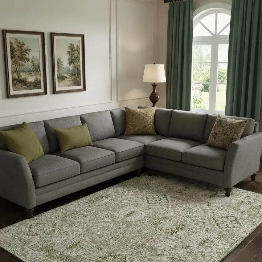 Fern Green And Beige Oriental Washable Area Rug With UV Protection Photo 2