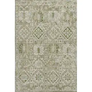 Photo of Fern Green And Beige Oriental Washable Area Rug With UV Protection