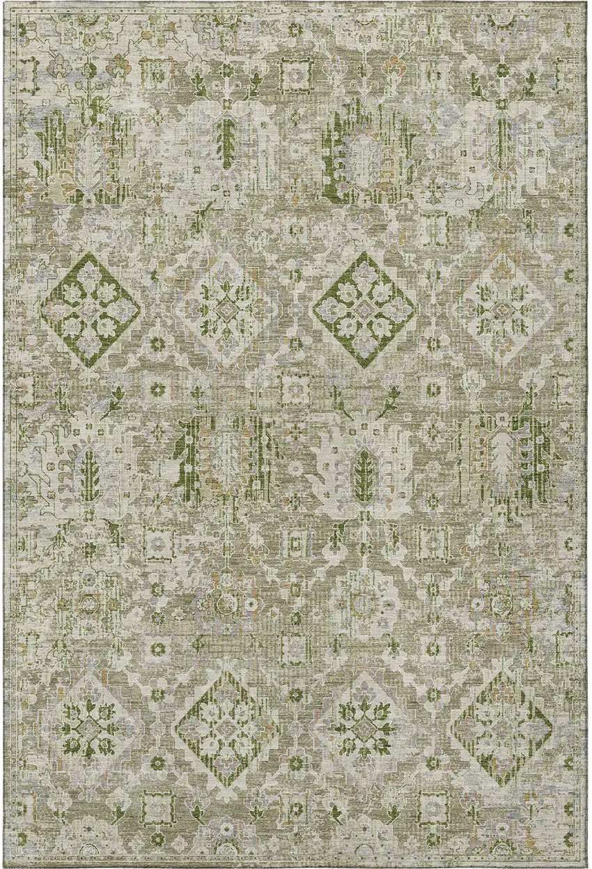 Fern Green And Beige Oriental Washable Area Rug With UV Protection Photo 4