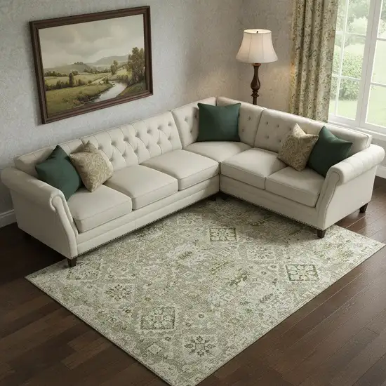 Fern Green And Beige Oriental Washable Area Rug With UV Protection Photo 2
