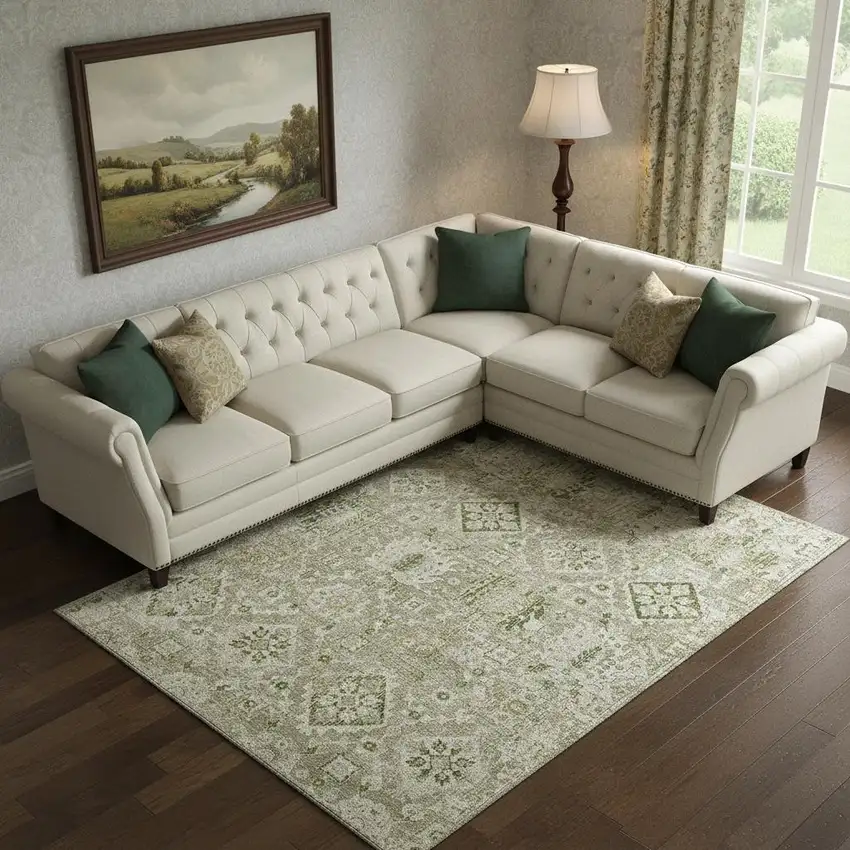 Fern Green And Beige Oriental Washable Area Rug With UV Protection Photo 2