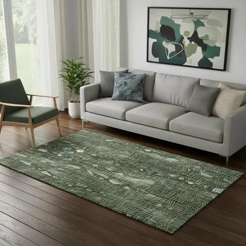 Fern Green And Blue Abstract Washable Area Rug With UV Protection Photo 2