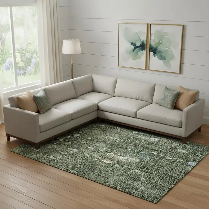 Fern Green And Blue Abstract Washable Area Rug With UV Protection Photo 2