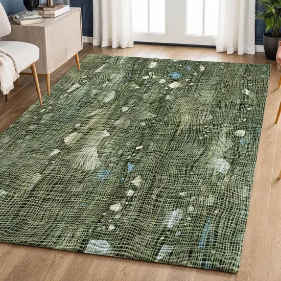 Fern Green And Blue Abstract Washable Area Rug With UV Protection Photo 6