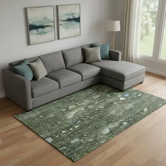 Fern Green And Blue Abstract Washable Area Rug With UV Protection Photo 1