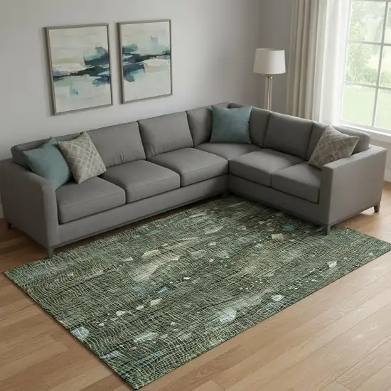 Fern Green And Blue Abstract Washable Area Rug With UV Protection Photo 2