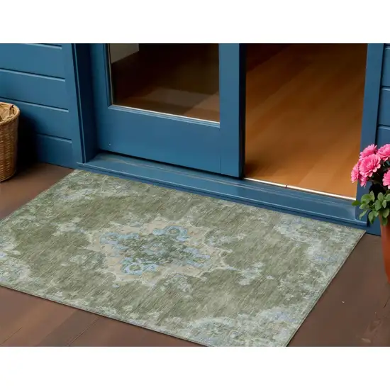 Fern Green And Blue Medallion Washable Indoor Outdoor Area Rug Photo 1