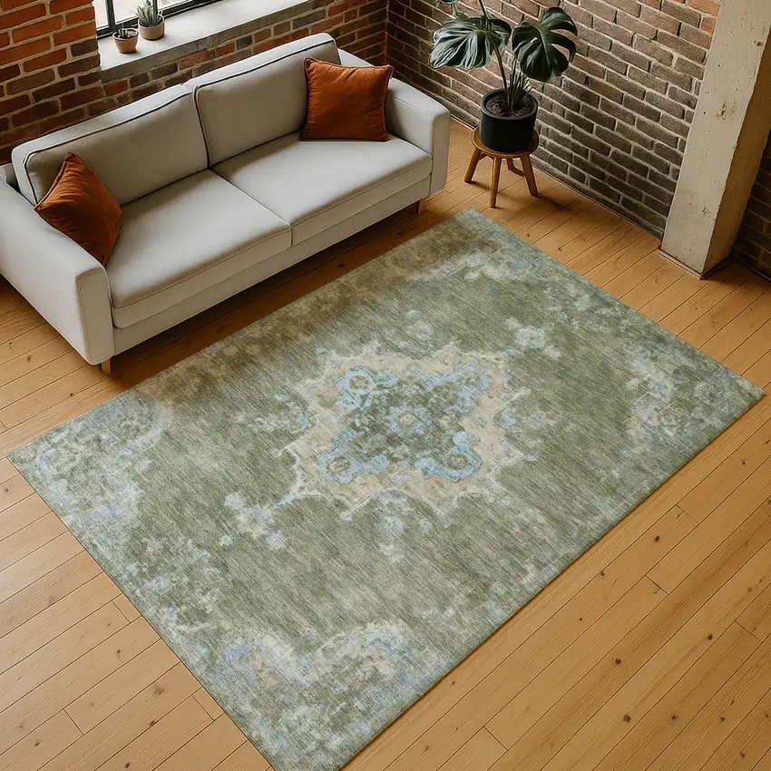 Fern Green And Blue Medallion Washable Indoor Outdoor Area Rug Photo 9