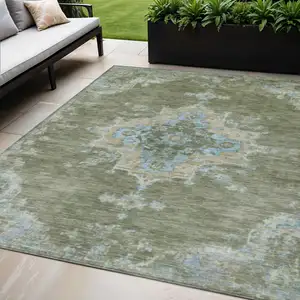Photo of Fern Green And Blue Medallion Washable Indoor Outdoor Area Rug