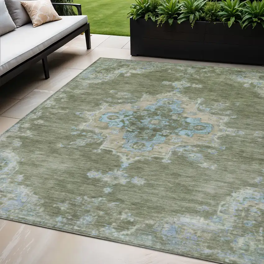 Fern Green And Blue Medallion Washable Indoor Outdoor Area Rug Photo 1