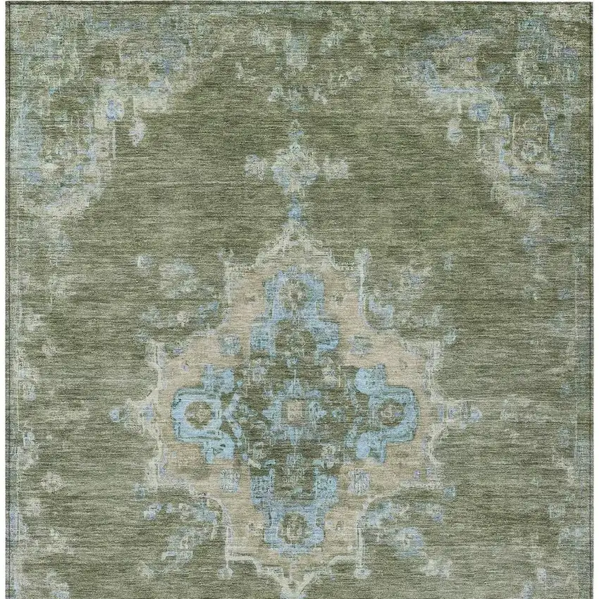 Fern Green And Blue Medallion Washable Indoor Outdoor Area Rug Photo 3