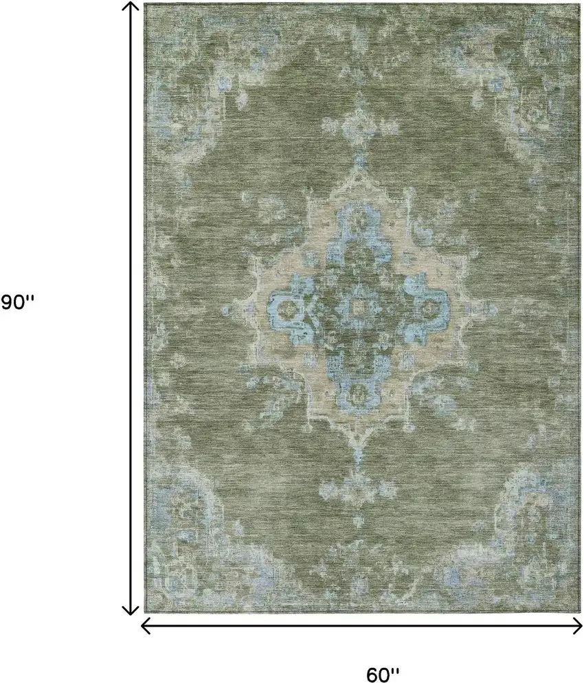 Fern Green And Blue Medallion Washable Indoor Outdoor Area Rug Photo 4