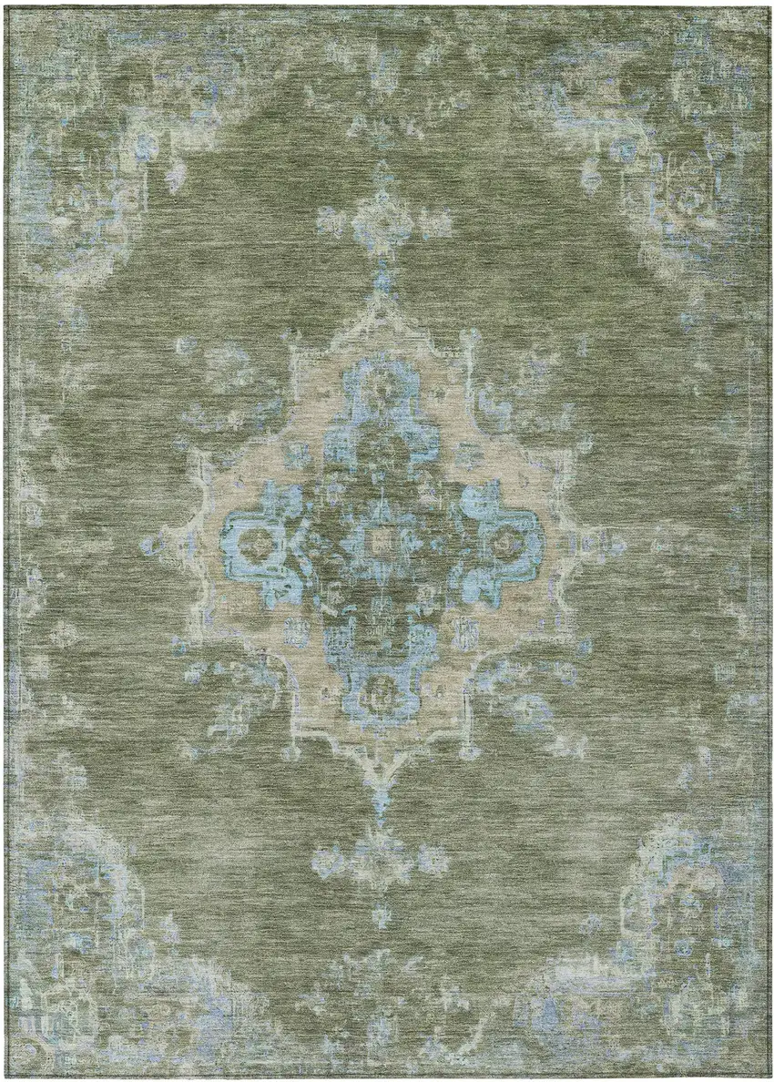 Fern Green And Blue Medallion Washable Indoor Outdoor Area Rug Photo 2