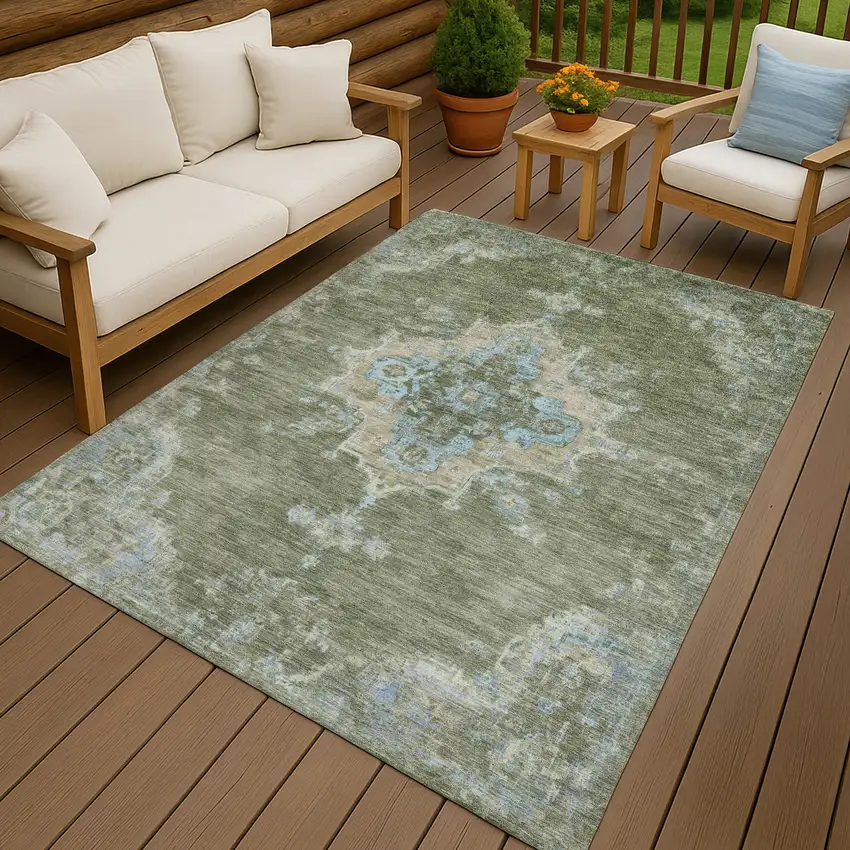 Fern Green And Blue Medallion Washable Indoor Outdoor Area Rug Photo 9