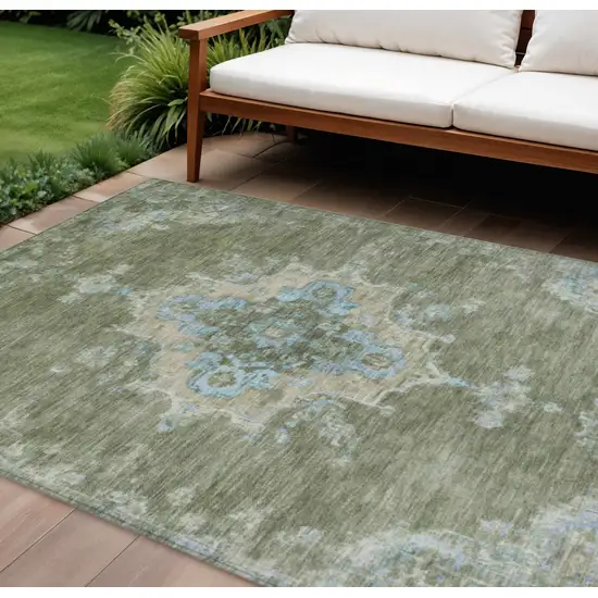 Fern Green And Blue Medallion Washable Indoor Outdoor Area Rug Photo 1